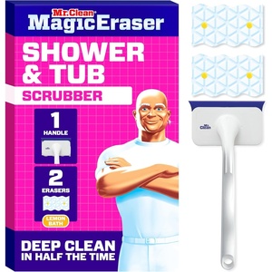 Mr. Clean Magic Eraser Shower & Tub Scrubber, Bathroom Cleaner, All in One Bathroom Cleaner, Lemon Starter Kit, 2 Scrubber, 5 Foaming Magic Erasers, 1 Whole Home Extra Durable Magic Eraser(1 Device + 2 Refills)