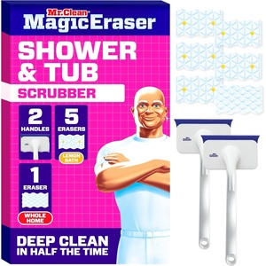 Mr. Clean Magic Eraser Shower & Tub Scrubber, Bathroom Cleaner, All in One Bathroom Cleaner, Lemon Starter Kit, 2 Scrubber, 5 Foaming Magic Erasers, 1 Whole Home Extra Durable Magic Eraser(2 Devices + 6 Refills)