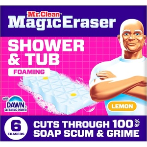Mr. Clean Magic Eraser Sponge, Bathroom Cleaner, Shower Cleaner, Tub Cleaner, Soap Scum Remover, Bathroom Cleaning Supplies, Dawn Cleaning Power with Lemon Scent, 2 in 1 Bath, 7ct(Upgraded Version)