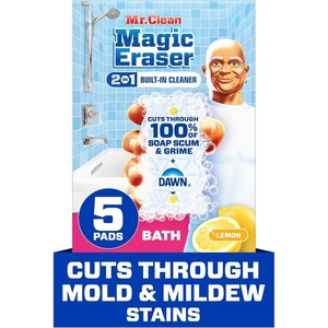 Mr. Clean Magic Eraser Sponge, Bathroom Cleaner, Shower Cleaner, Tub Cleaner, Soap Scum Remover, Bathroom Cleaning Supplies, Dawn Cleaning Power with Lemon Scent, 2 in 1 Bath, 7ct(Original Version)